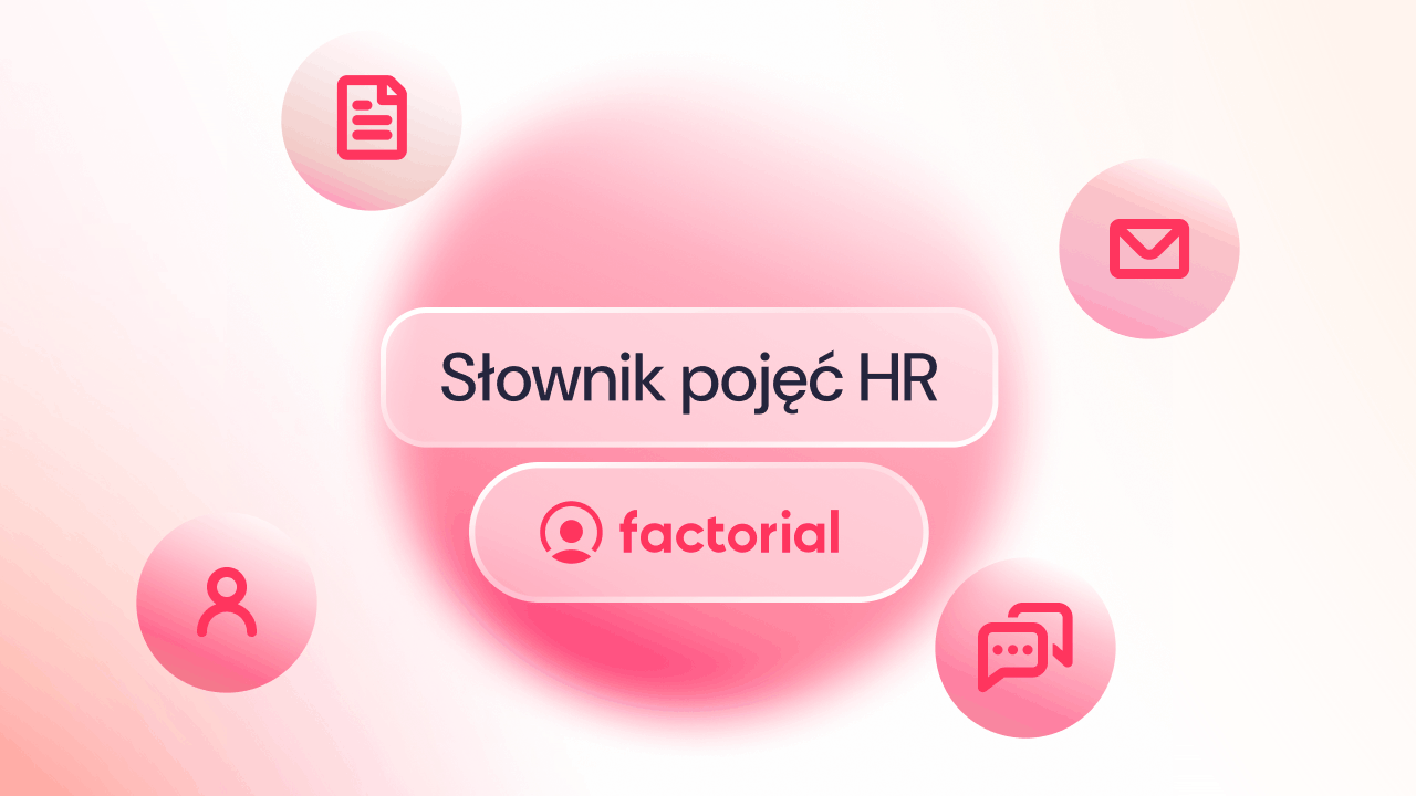 Grafika z różowymi kołami z ikonami oraz napisem "Słownik pojęć HR" wraz z logiem Factorial.