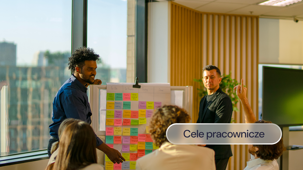 Pracownicy ustalają cele przed tablicą z kolorowymi karteczkami.