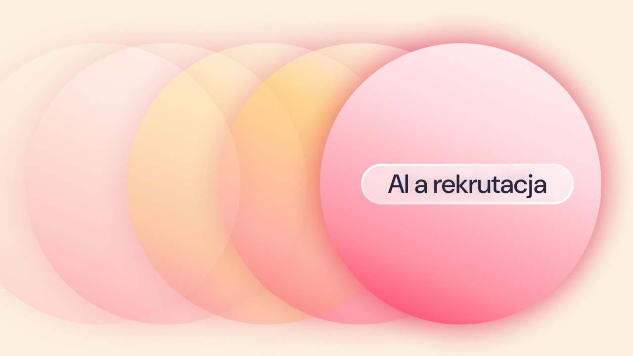 Różowo-pomarańczowa grafika z kołem z napisem "AI w rekrutacji".